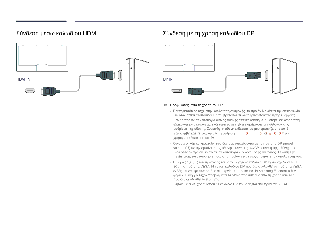 Samsung LH75DMDPLGC/EN manual Σύνδεση μέσω καλωδίου Hdmi, Σύνδεση με τη χρήση καλωδίου DP 