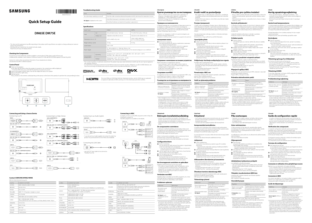 Samsung LH65DMEPLGC/EN manual Kratki vodič za postavljanje, Příručka pro rychlou instalaci, Hurtig opsætningsvejledning 