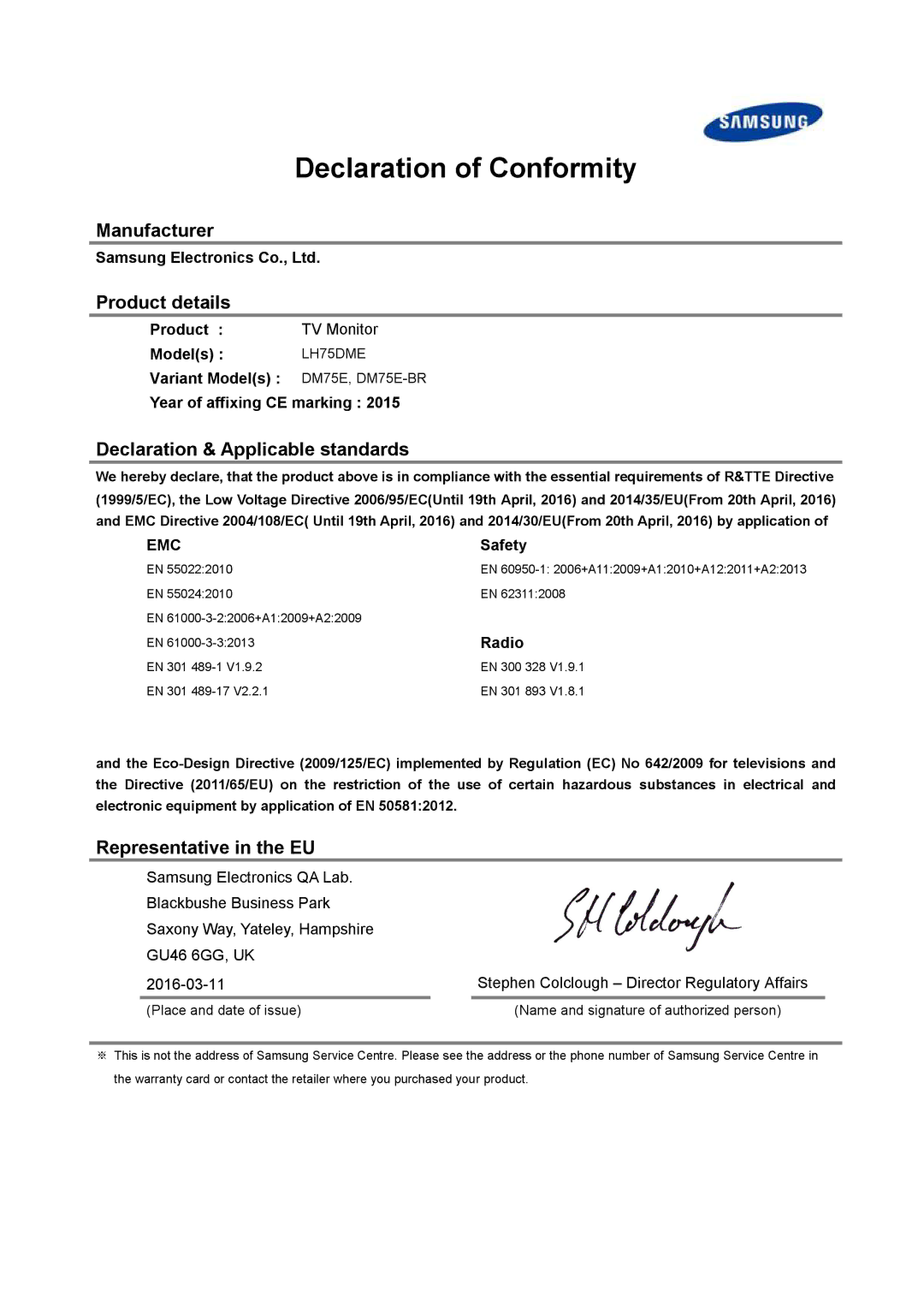 Samsung LH65DMEPLGC/EN manual Declaration of Conformity, Manufacturer Product details, Declaration & Applicable standards 