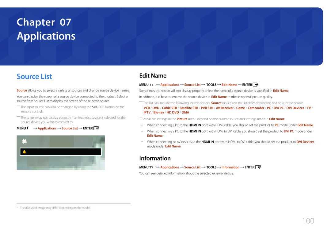 Samsung LH75EDCPLBC/EN, LH65EDCPLBC/EN, LH65EDCPLBC/NG manual Applications, Source List, 100, Edit Name, Information 