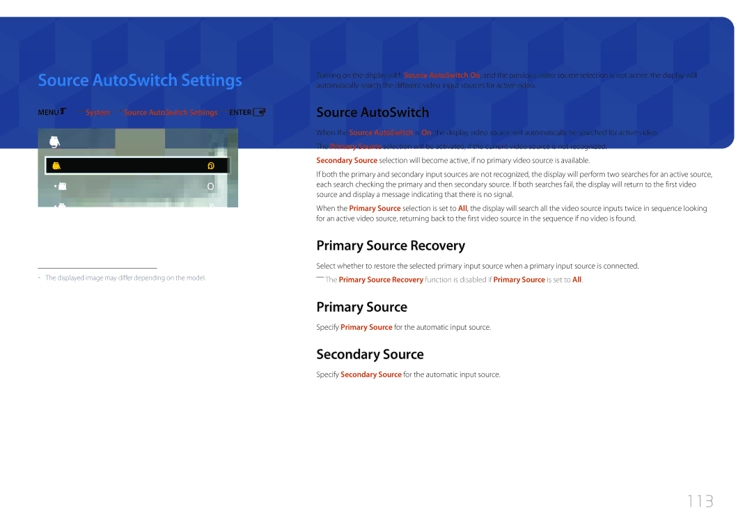 Samsung LH75EDCPLBC/NG, LH75EDCPLBC/EN, LH65EDCPLBC/EN, LH65EDCPLBC/NG, LH65EDCPRBC/EN manual Source AutoSwitch Settings, 113 