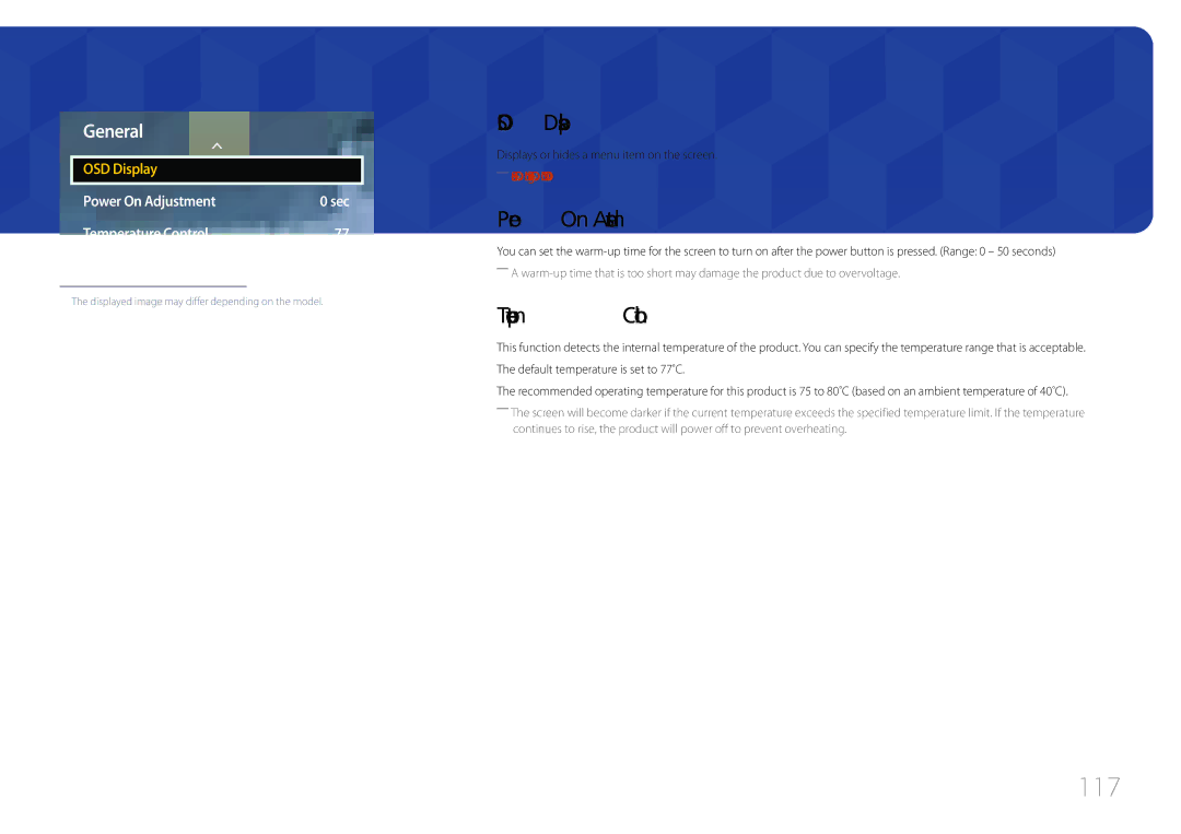 Samsung LH65EDCPLBC/NG, LH75EDCPLBC/EN, LH65EDCPLBC/EN manual 117, OSD Display, Power On Adjustment, Temperature Control 
