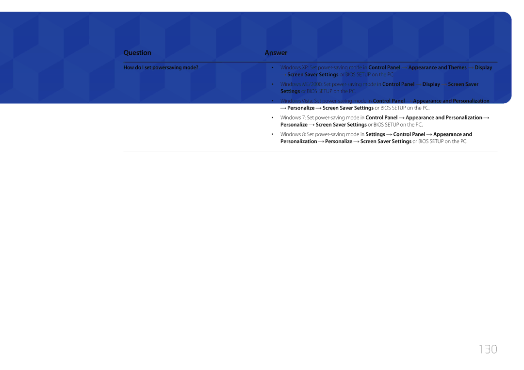 Samsung LH75EDCPLBC/EN, LH65EDCPLBC/EN 130, How do I set powersaving mode?, Screen Saver Settings or Bios Setup on the PC 