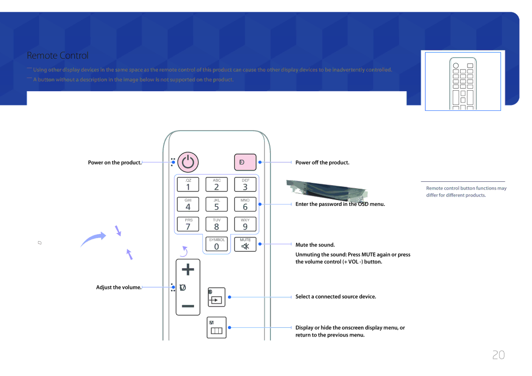 Samsung LH75EDCPLBC/EN, LH65EDCPLBC/EN, LH65EDCPLBC/NG manual Remote Control, Adjust the volume, Power off the product 