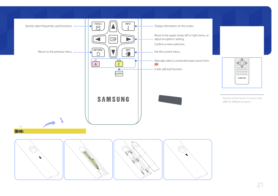 Samsung LH65EDCPLBC/EN, LH75EDCPLBC/EN To place batteries in the remote control, Quickly select frequently used functions 