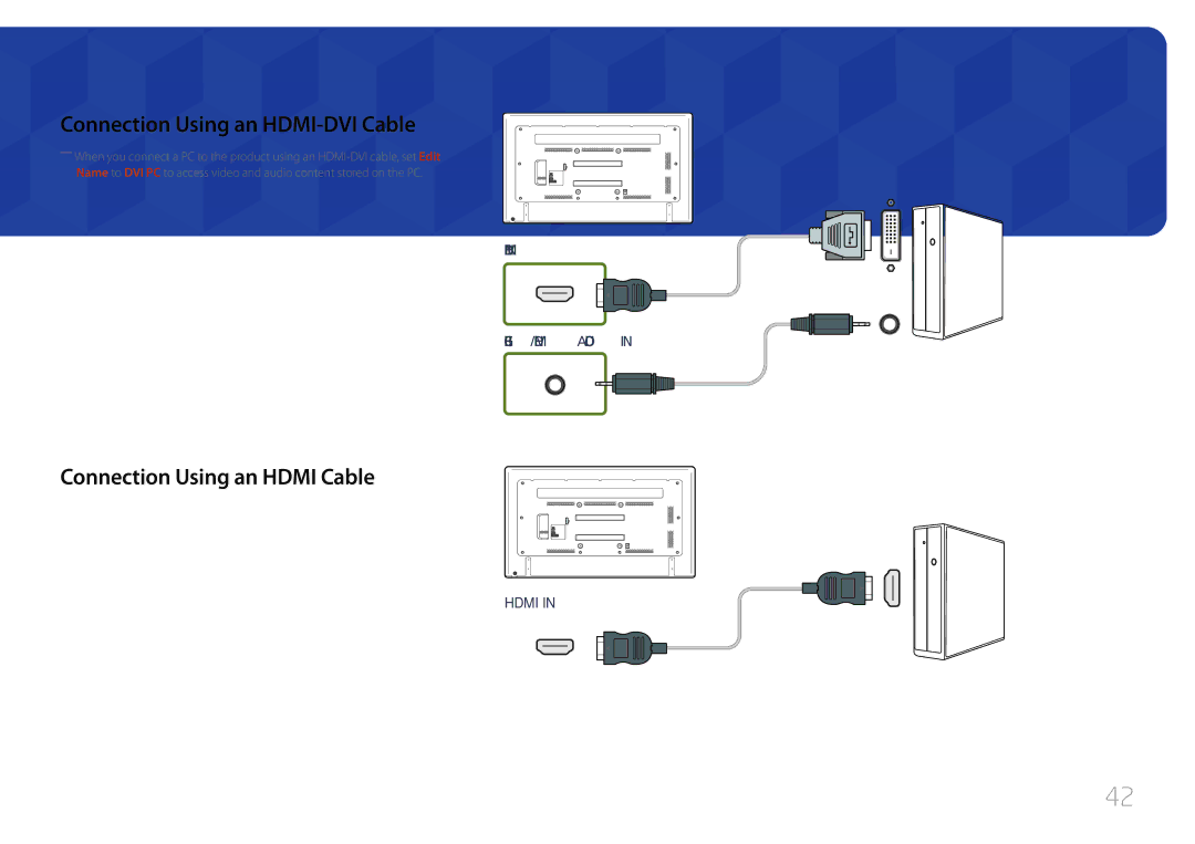 Samsung LH65EDCPLBC/NG, LH75EDCPLBC/EN, LH65EDCPLBC/EN Connection Using an HDMI-DVI Cable, Connection Using an Hdmi Cable 