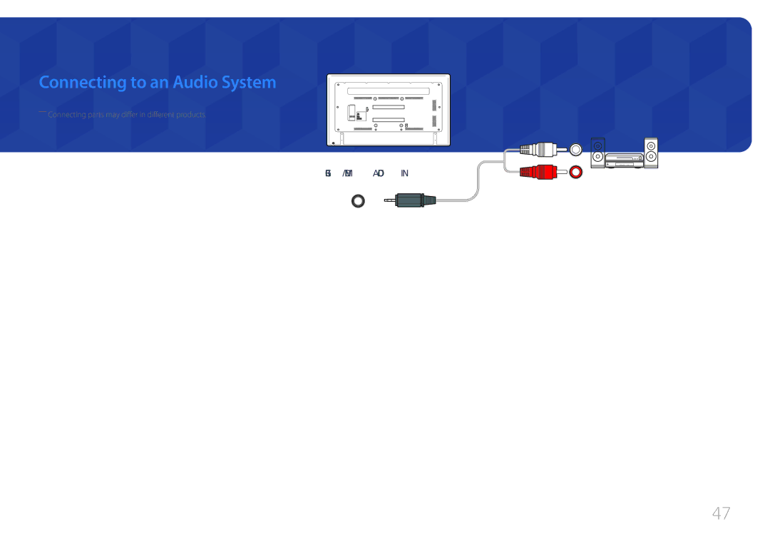 Samsung LH65EDCPLBC/NG, LH75EDCPLBC/EN, LH65EDCPLBC/EN, LH75EDCPLBC/NG, LH65EDCPRBC/EN manual Connecting to an Audio System 