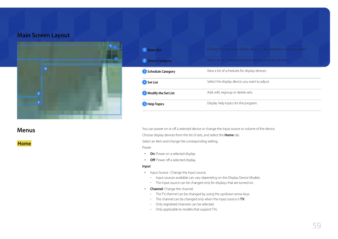 Samsung LH65EDCPRBC/EN, LH75EDCPLBC/EN, LH65EDCPLBC/EN, LH65EDCPLBC/NG, LH75EDCPLBC/NG manual Main Screen Layout Menus 