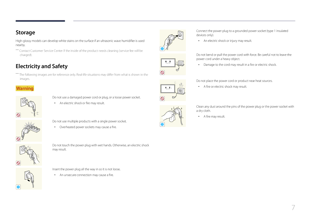 Samsung LH65EDCPLBC/NG, LH75EDCPLBC/EN, LH65EDCPLBC/EN, LH75EDCPLBC/NG, LH65EDCPRBC/EN manual Storage, Electricity and Safety 