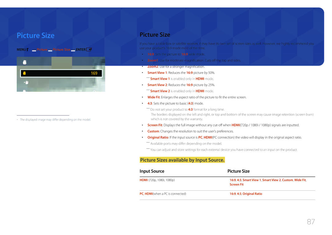 Samsung LH65EDCPLBC/NG, LH75EDCPLBC/EN manual Picture Sizes available by Input Source, Input Source Picture Size 