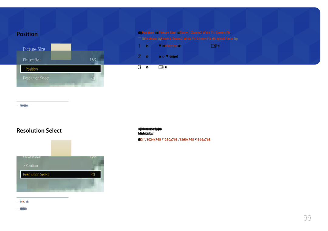 Samsung LH75EDCPLBC/NG, LH75EDCPLBC/EN, LH65EDCPLBC/EN manual Resolution Select, Picture Size 169 · Position 