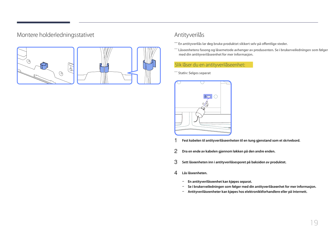 Samsung LH65EDCPLBC/EN, LH75EDCPLBC/EN, LH65EDCPRBC/EN Montere holderledningsstativet, Slik låser du en antityverilåseenhet 