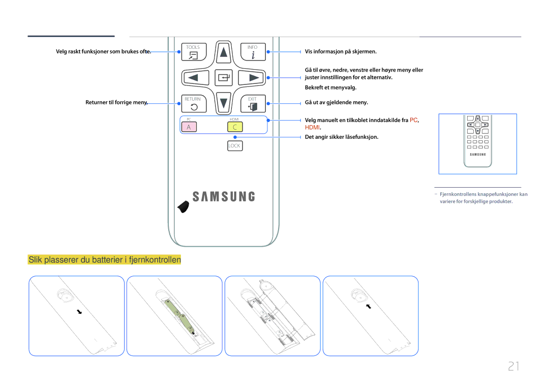 Samsung LH75EDCPLBC/EN manual Slik plasserer du batterier i fjernkontrollen, Velg raskt funksjoner som brukes ofte 