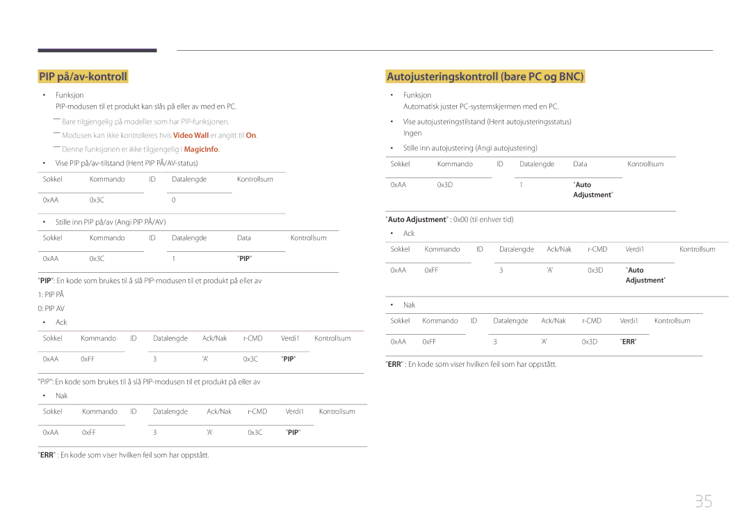 Samsung LH65EDCPRBC/EN PIP på/av-kontroll, Autojusteringskontroll bare PC og BNC, Stille inn PIP på/av Angi PIP PÅ/AV 