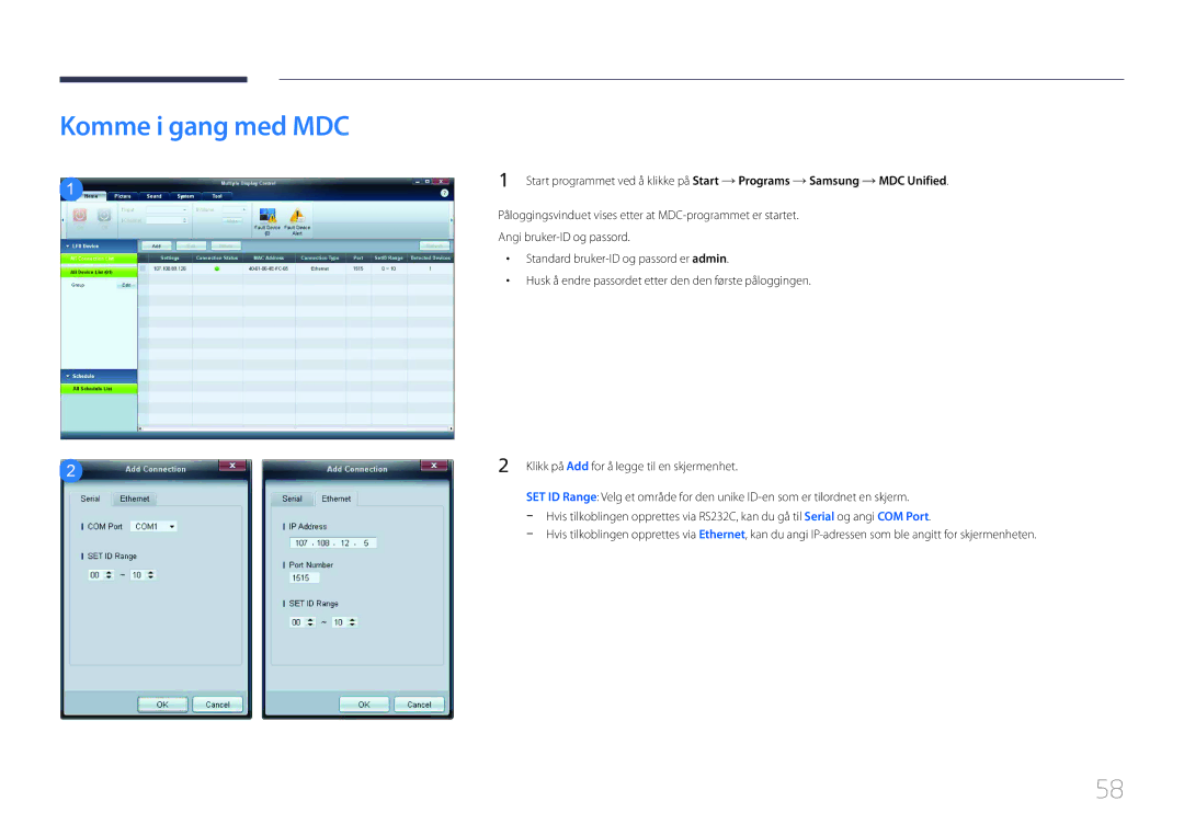 Samsung LH65EDCPLBC/EN, LH75EDCPLBC/EN, LH65EDCPRBC/EN manual Komme i gang med MDC 