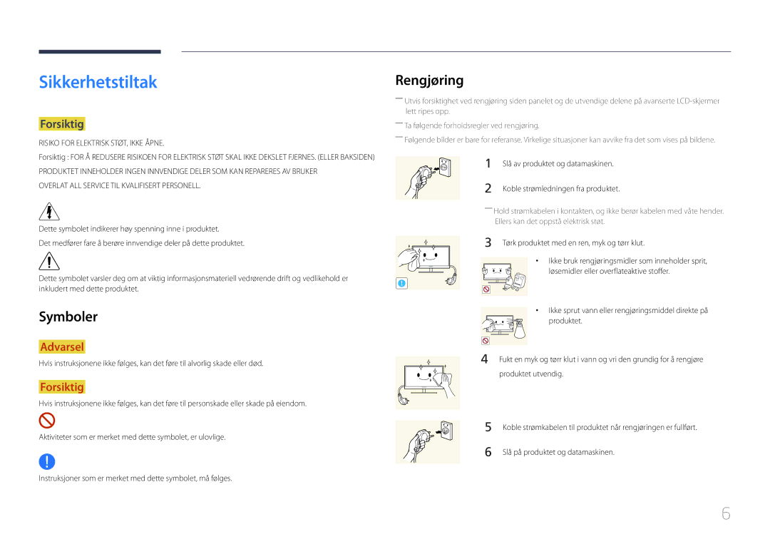 Samsung LH75EDCPLBC/EN, LH65EDCPLBC/EN, LH65EDCPRBC/EN manual Sikkerhetstiltak, Rengjøring, Symboler, Forsiktig 