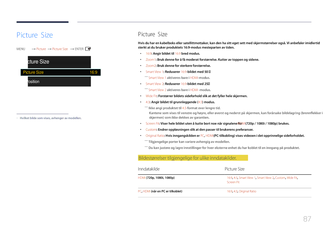 Samsung LH75EDCPLBC/EN manual Bildestørrelser tilgjengelige for ulike inndatakilder, Inndatakilde Picture Size 