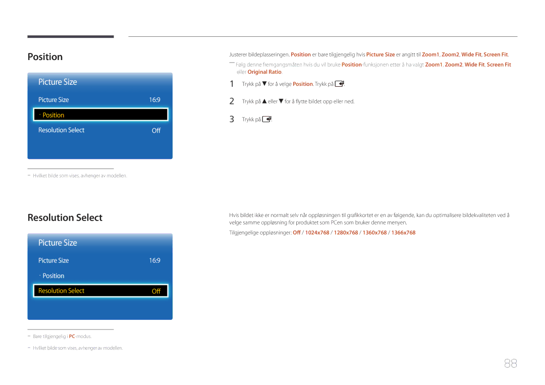 Samsung LH65EDCPLBC/EN, LH75EDCPLBC/EN, LH65EDCPRBC/EN Resolution Select, Picture Size 169 · Position, Trykk på 