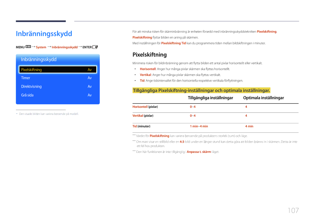 Samsung LH65EDCPRBC/EN, LH75EDCPLBC/EN, LH65EDCPLBC/EN manual Inbränningsskydd, 107, Pixelskiftning, Optimala inställningar 