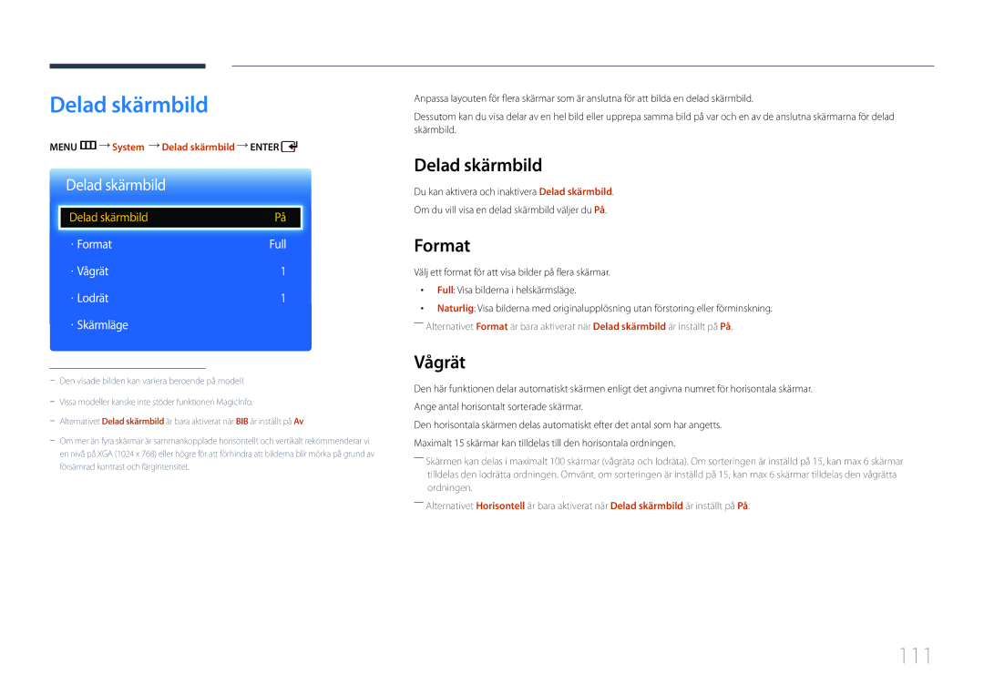 Samsung LH75EDCPLBC/EN, LH65EDCPLBC/EN, LH65EDCPRBC/EN manual Delad skärmbild, 111, Format, Vågrät 