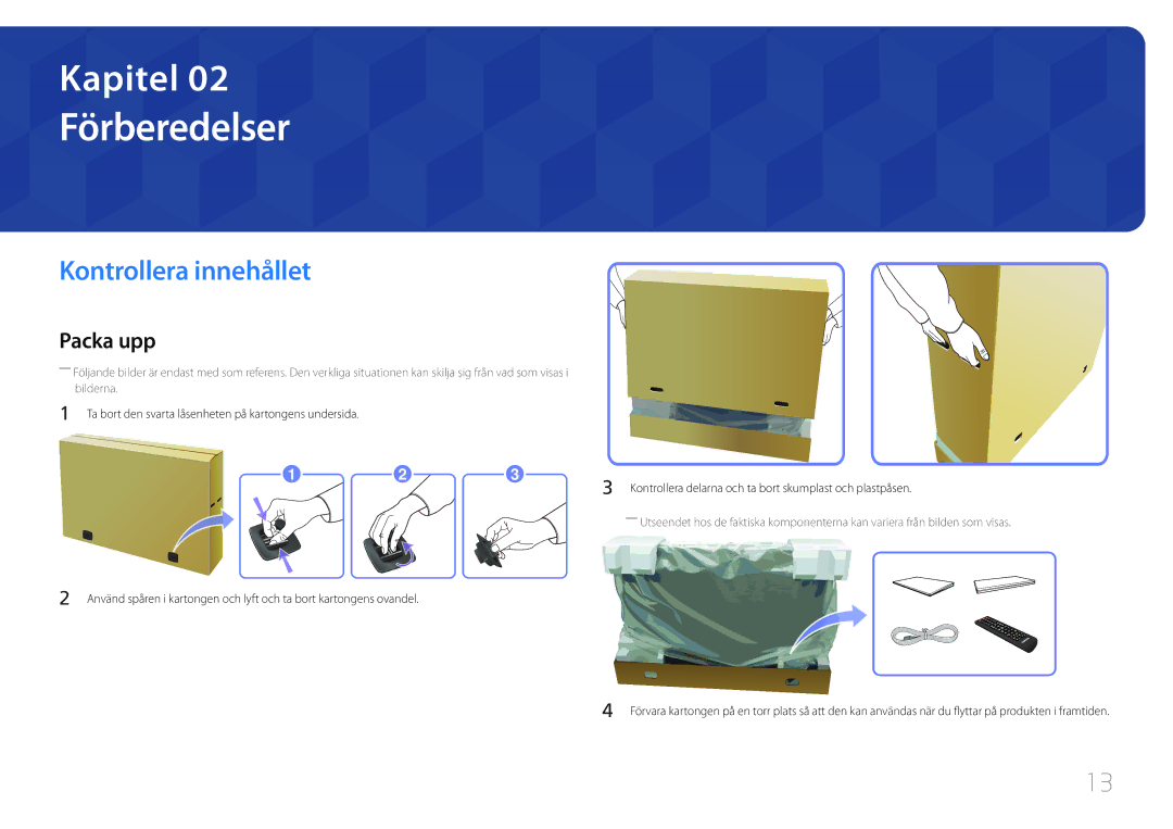 Samsung LH65EDCPLBC/EN, LH75EDCPLBC/EN, LH65EDCPRBC/EN manual Förberedelser, Kontrollera innehållet, Packa upp 