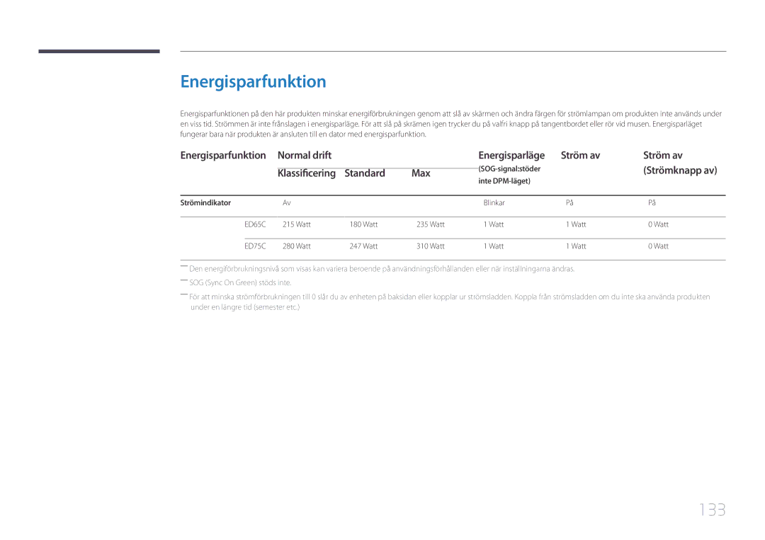 Samsung LH65EDCPLBC/EN, LH75EDCPLBC/EN manual Energisparfunktion, 133, SOG-signalstöder, Inte DPM-läget Strömindikator 