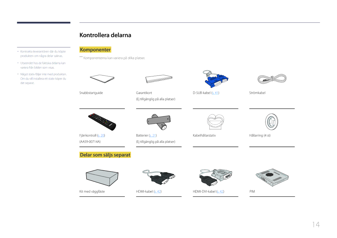 Samsung LH65EDCPRBC/EN, LH75EDCPLBC/EN, LH65EDCPLBC/EN manual Kontrollera delarna, Komponenter, Delar som säljs separat 