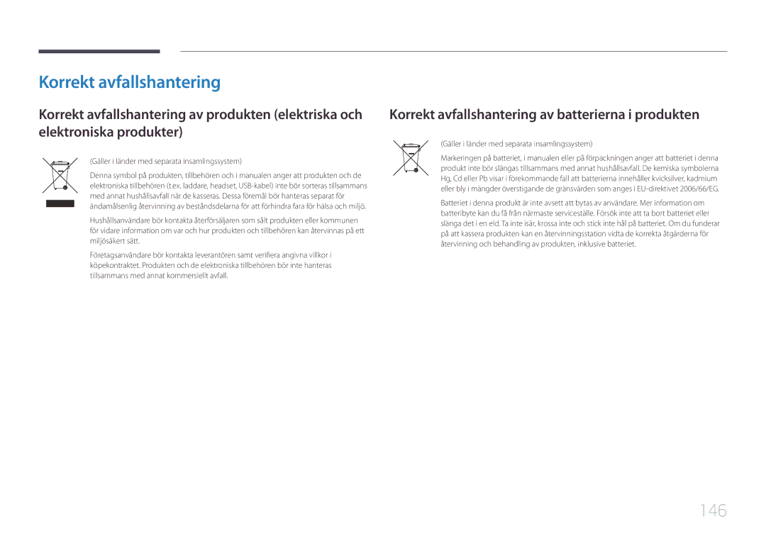 Samsung LH65EDCPRBC/EN, LH75EDCPLBC/EN, LH65EDCPLBC/EN manual 146, Korrekt avfallshantering av batterierna i produkten 