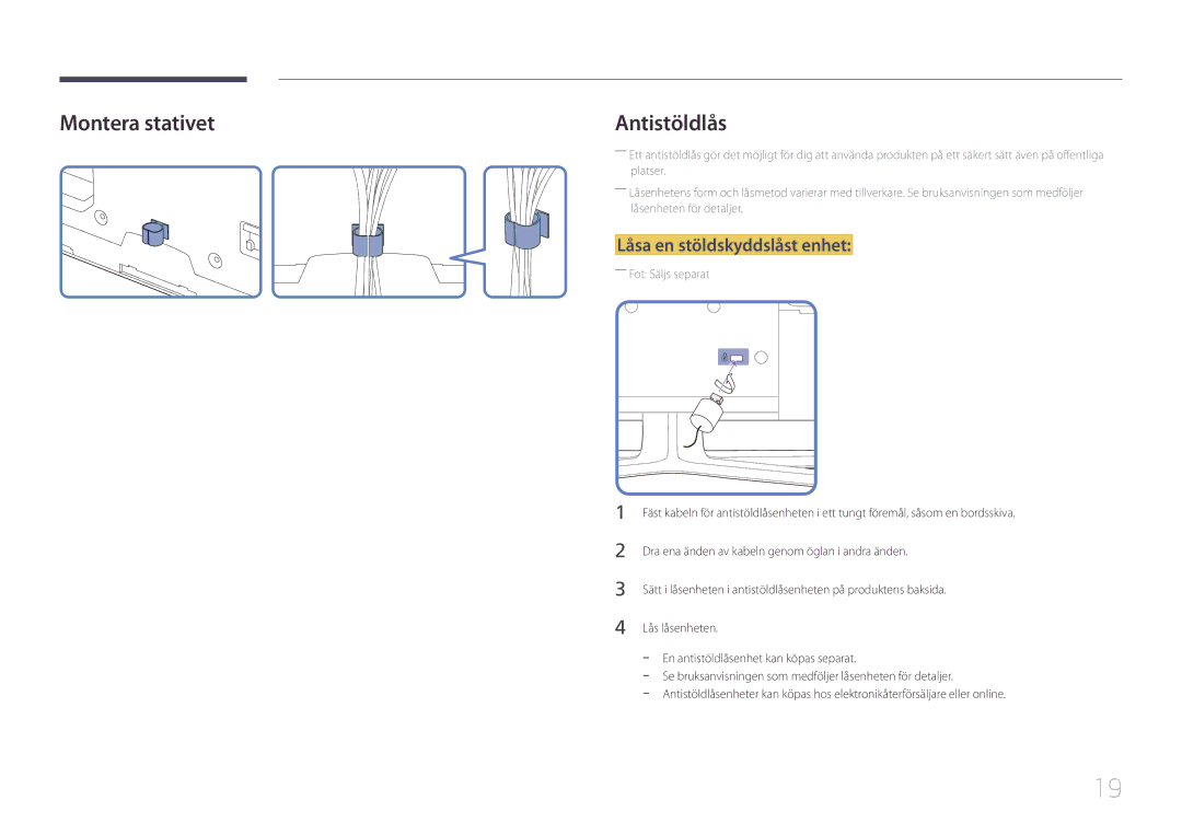 Samsung LH65EDCPLBC/EN, LH75EDCPLBC/EN, LH65EDCPRBC/EN manual Montera stativet, Låsa en stöldskyddslåst enhet 