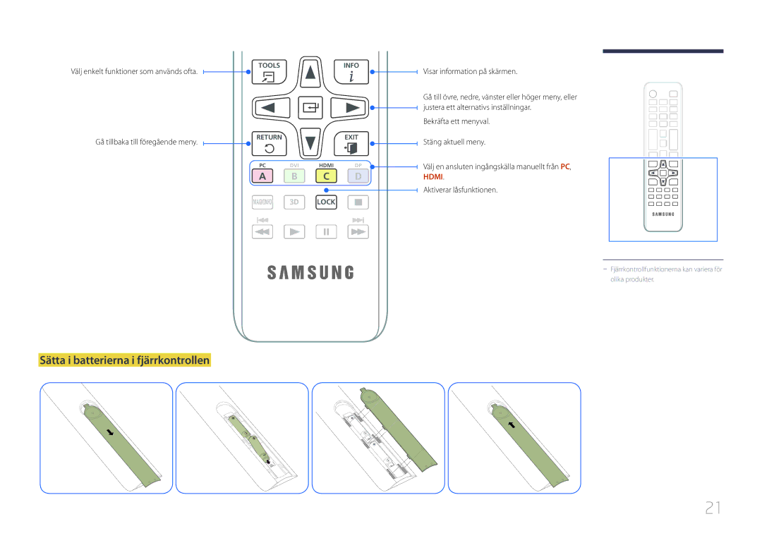 Samsung LH75EDCPLBC/EN, LH65EDCPLBC/EN manual Sätta i batterierna i fjärrkontrollen, Välj enkelt funktioner som används ofta 