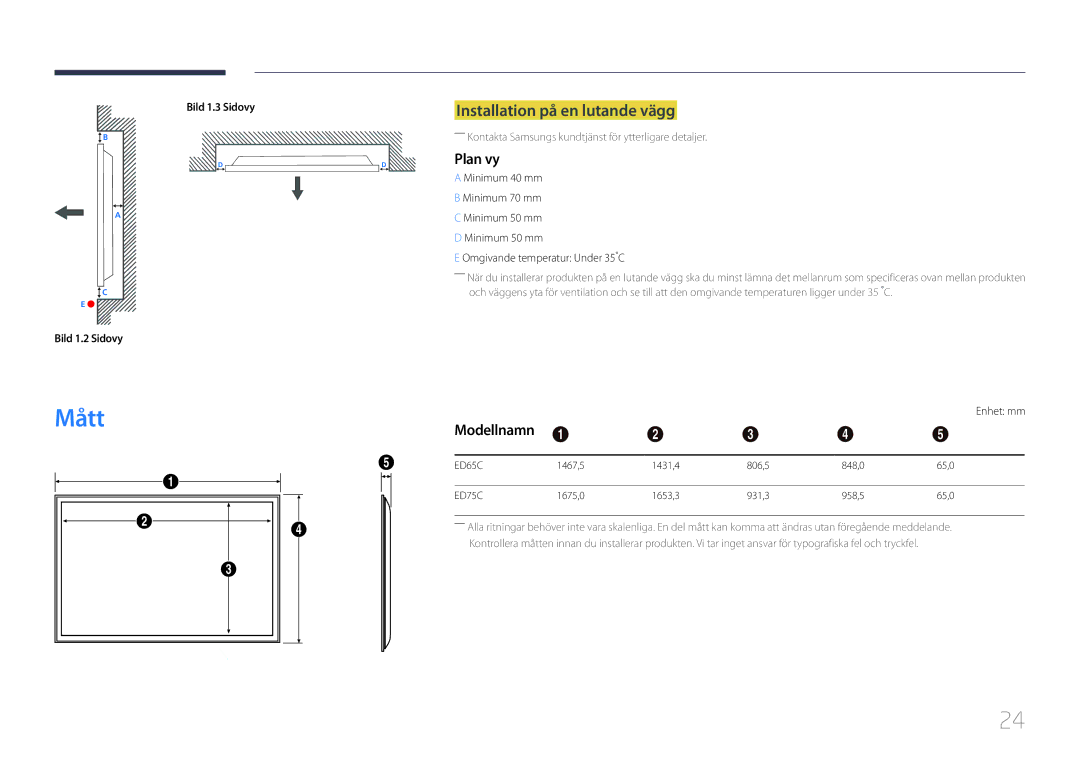 Samsung LH75EDCPLBC/EN manual Mått, Installation på en lutande vägg, Plan vy, Modellnamn, Bild 1.2 Sidovy Bild 1.3 Sidovy 