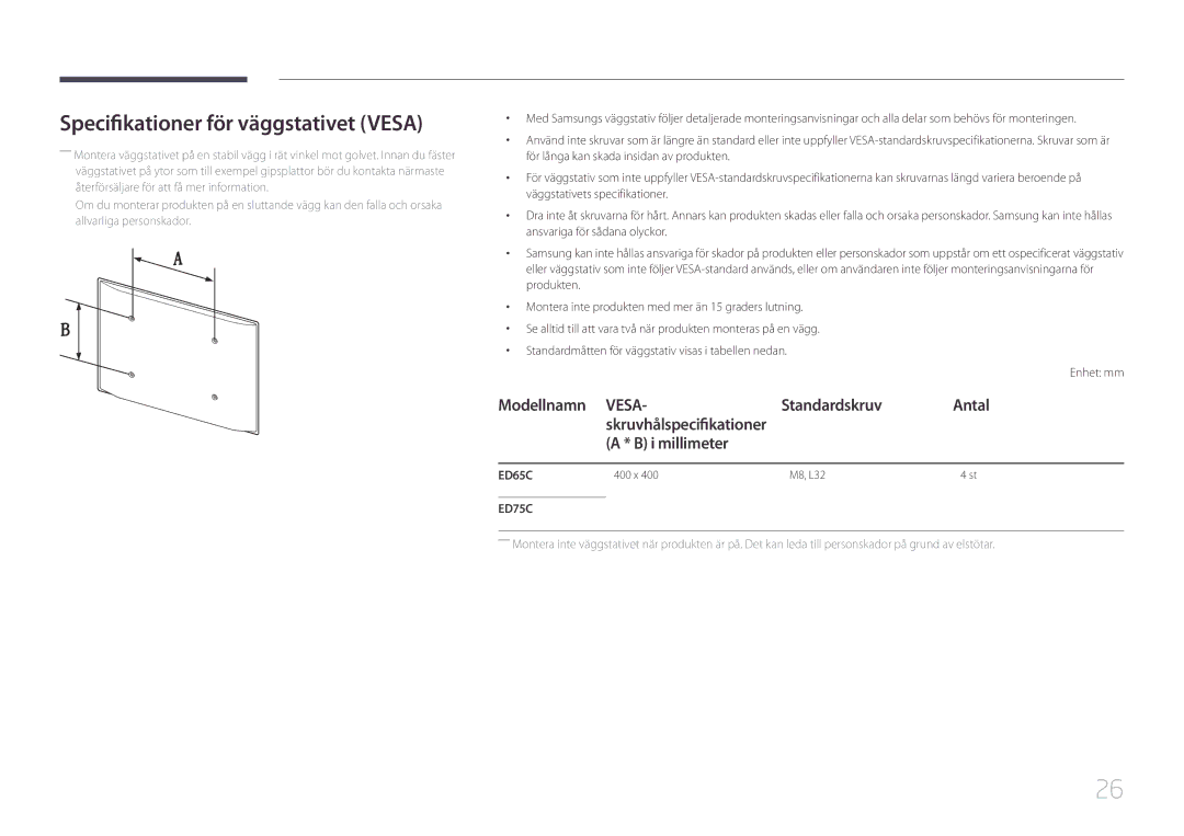 Samsung LH65EDCPRBC/EN, LH75EDCPLBC/EN manual Specifikationer för väggstativet Vesa, Standardskruv Antal, I millimeter 