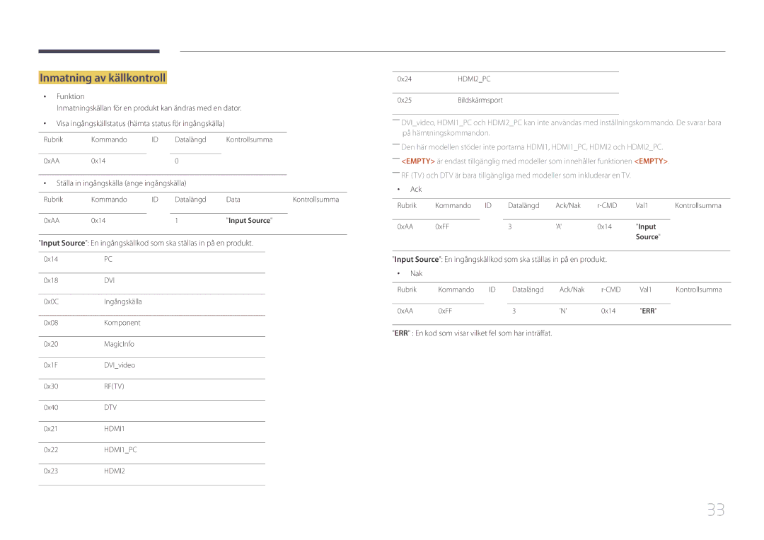 Samsung LH75EDCPLBC/EN, LH65EDCPLBC/EN, LH65EDCPRBC/EN manual Inmatning av källkontroll 