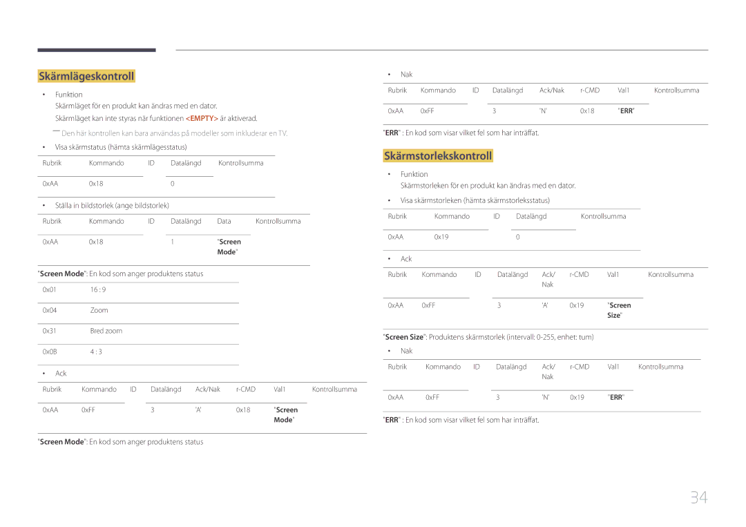 Samsung LH65EDCPLBC/EN, LH75EDCPLBC/EN, LH65EDCPRBC/EN manual Skärmlägeskontroll, Skärmstorlekskontroll 