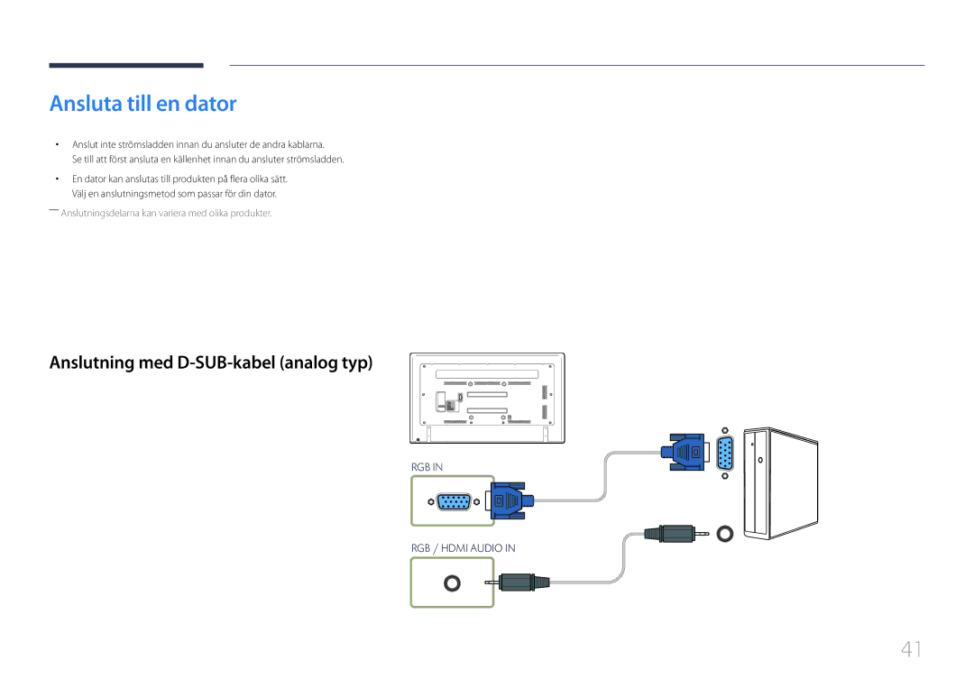 Samsung LH65EDCPRBC/EN, LH75EDCPLBC/EN, LH65EDCPLBC/EN manual Ansluta till en dator, Anslutning med D-SUB-kabel analog typ 