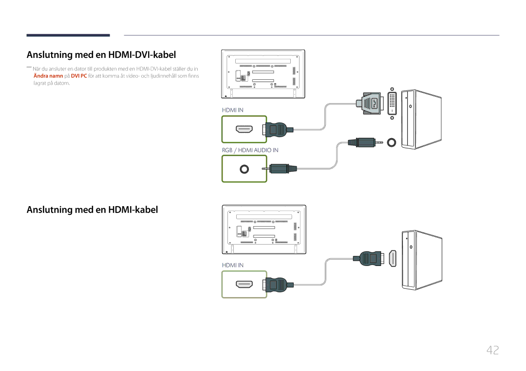 Samsung LH75EDCPLBC/EN, LH65EDCPLBC/EN, LH65EDCPRBC/EN manual Anslutning med en HDMI-DVI-kabel, Anslutning med en HDMI-kabel 