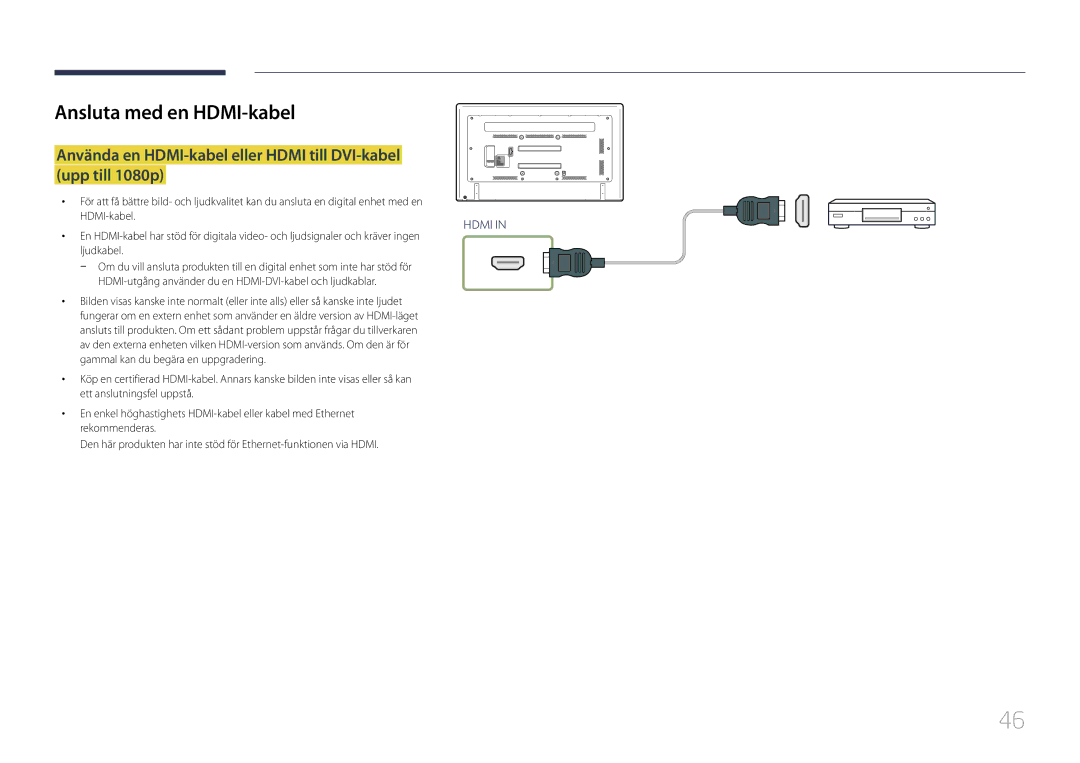 Samsung LH65EDCPLBC/EN, LH75EDCPLBC/EN, LH65EDCPRBC/EN manual Ansluta med en HDMI-kabel 