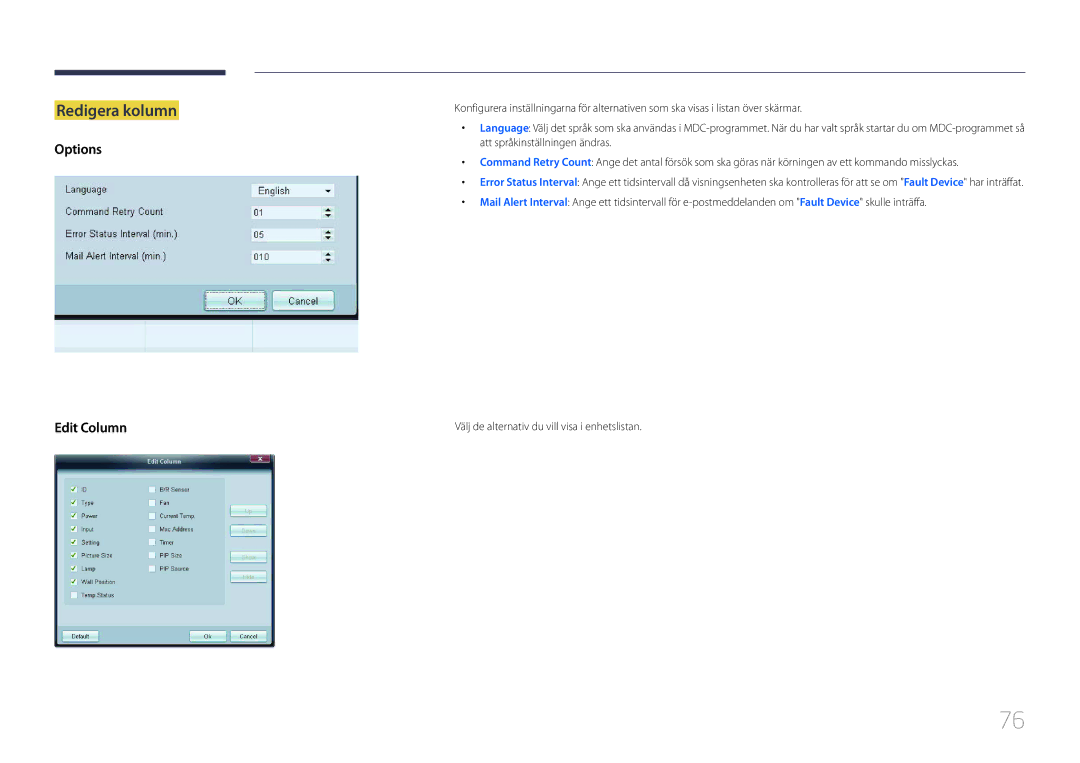 Samsung LH65EDCPLBC/EN, LH75EDCPLBC/EN, LH65EDCPRBC/EN manual Redigera kolumn, Options Edit Column 