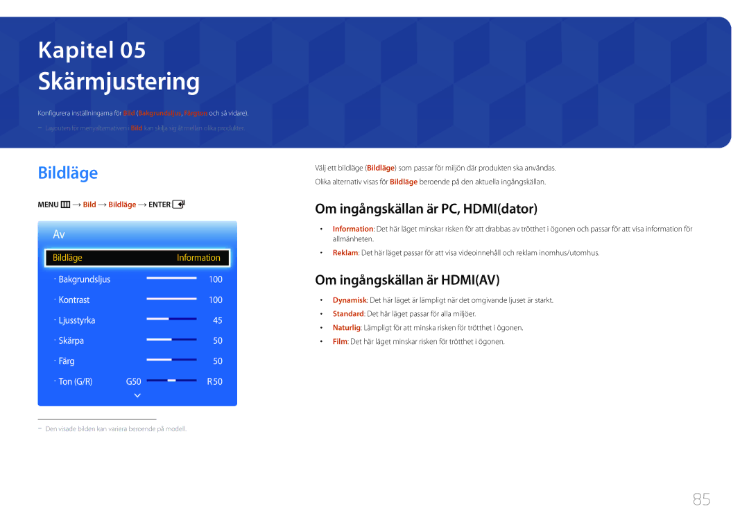 Samsung LH65EDCPLBC/EN manual Skärmjustering, Bildläge, Om ingångskällan är PC, HDMIdator, Om ingångskällan är Hdmiav 