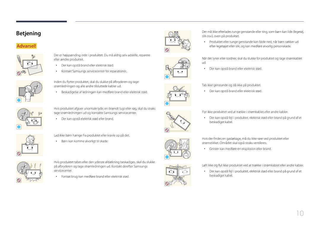 Samsung LH65EDCPLBC/EN, LH75EDCPLBC/EN, LH65EDCPRBC/EN manual Betjening, Gnister kan medføre en eksplosion eller brand 