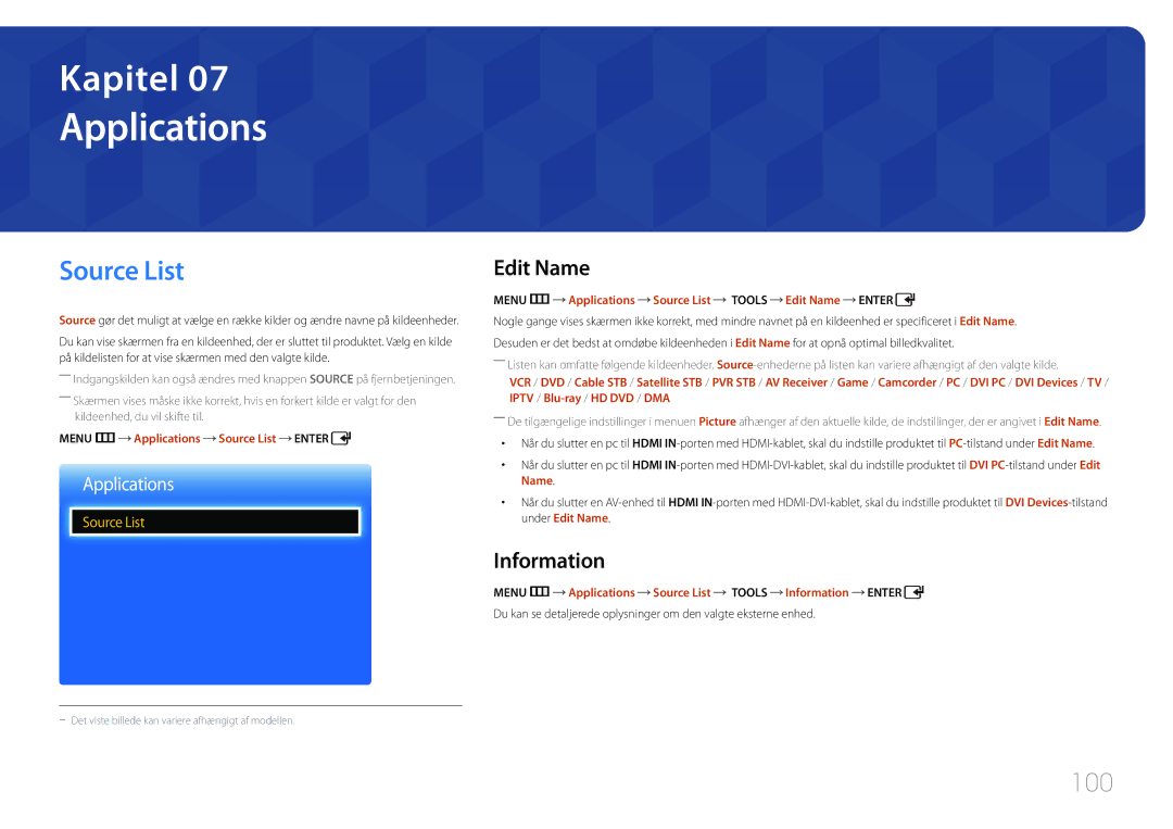 Samsung LH65EDCPLBC/EN, LH75EDCPLBC/EN, LH65EDCPRBC/EN manual Applications, Source List, 100, Edit Name, Information 