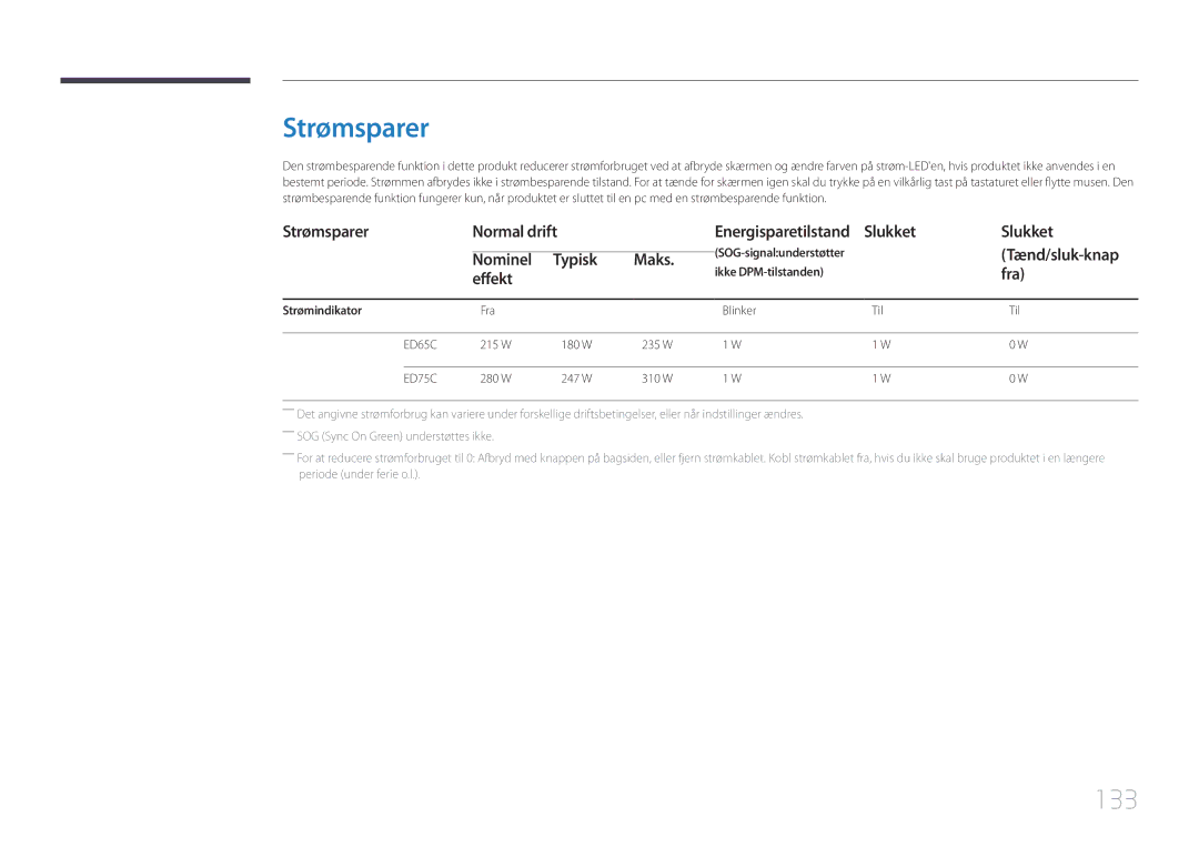 Samsung LH65EDCPLBC/EN, LH75EDCPLBC/EN, LH65EDCPRBC/EN manual Strømsparer, 133 