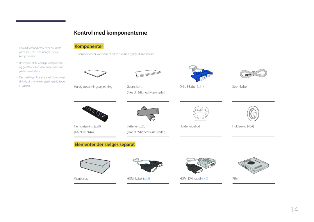 Samsung LH65EDCPRBC/EN, LH75EDCPLBC/EN, LH65EDCPLBC/EN Kontrol med komponenterne, Komponenter, Elementer der sælges separat 