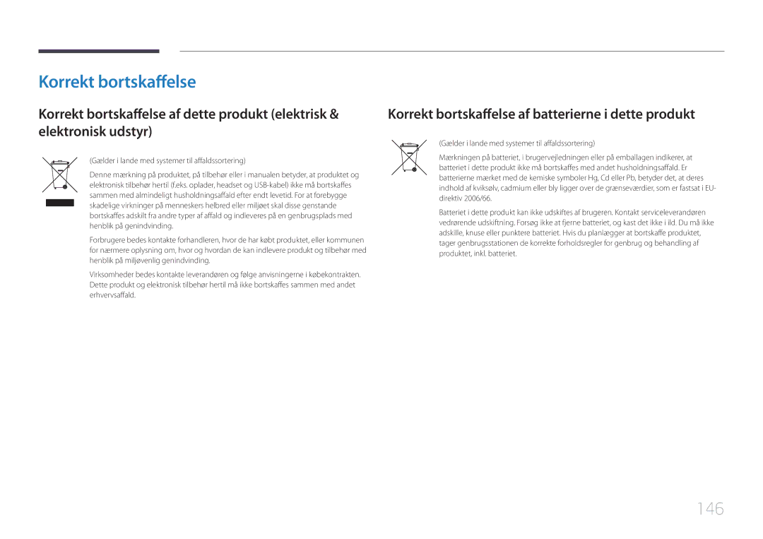 Samsung LH65EDCPRBC/EN, LH75EDCPLBC/EN, LH65EDCPLBC/EN manual 146, Korrekt bortskaffelse af batterierne i dette produkt 