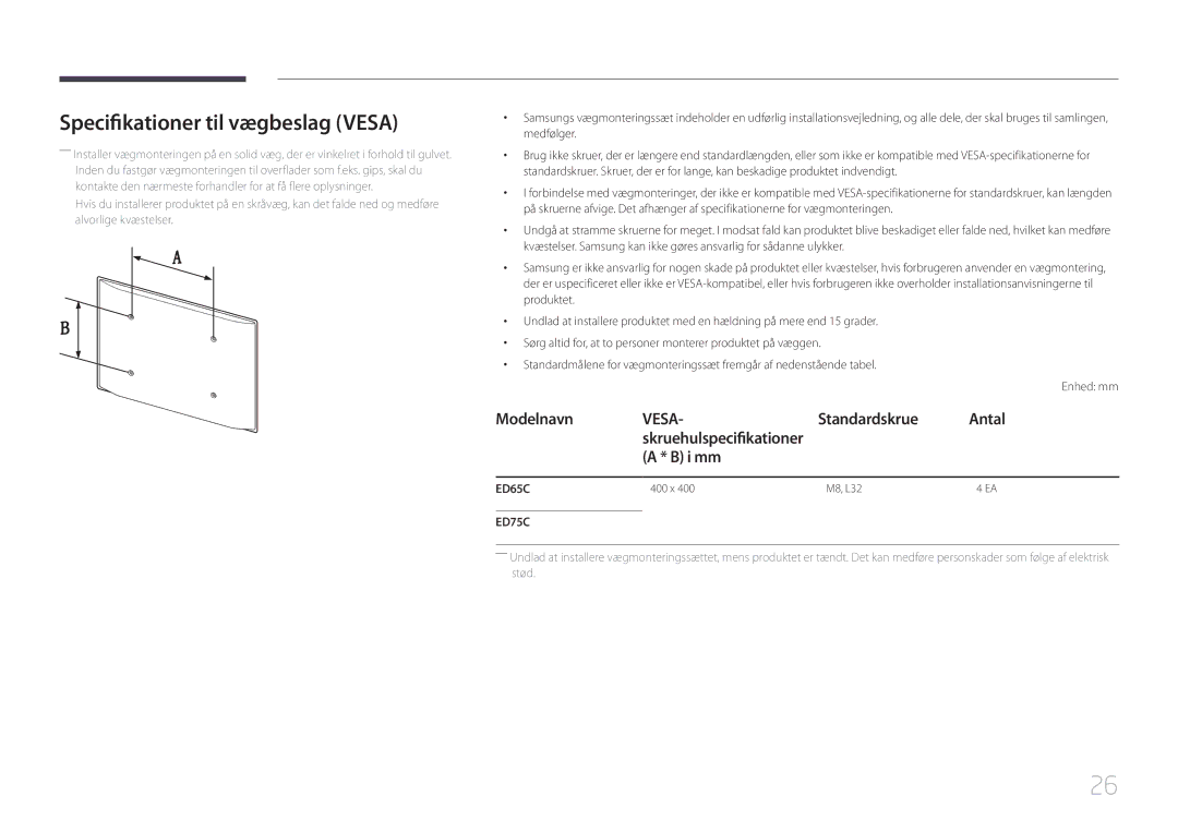 Samsung LH65EDCPRBC/EN, LH75EDCPLBC/EN, LH65EDCPLBC/EN manual Specifikationer til vægbeslag Vesa, Standardskrue, I mm 