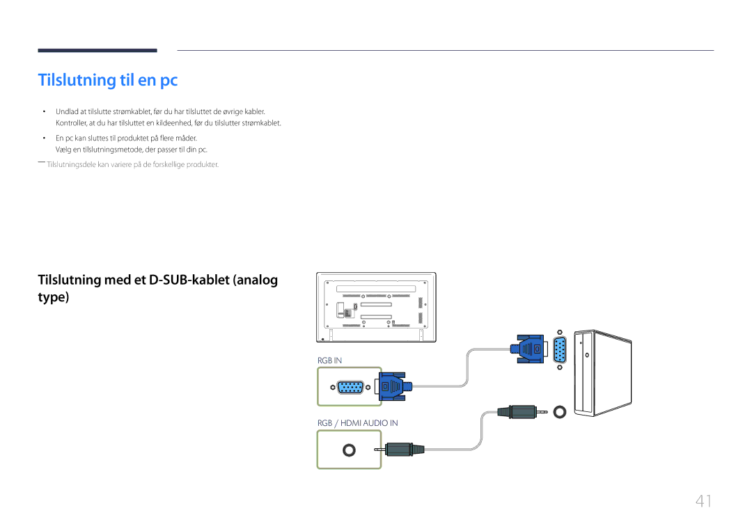 Samsung LH65EDCPRBC/EN, LH75EDCPLBC/EN, LH65EDCPLBC/EN Tilslutning til en pc, Tilslutning med et D-SUB-kablet analog type 