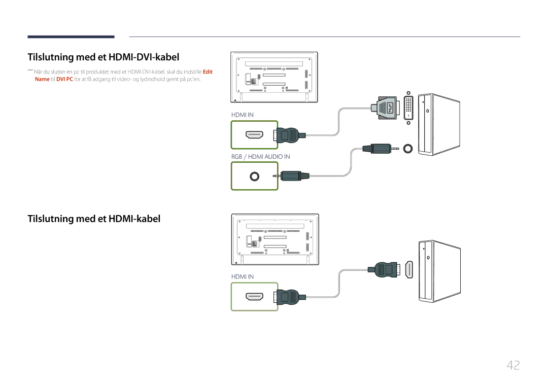 Samsung LH75EDCPLBC/EN, LH65EDCPLBC/EN, LH65EDCPRBC/EN Tilslutning med et HDMI-DVI-kabel, Tilslutning med et HDMI-kabel 