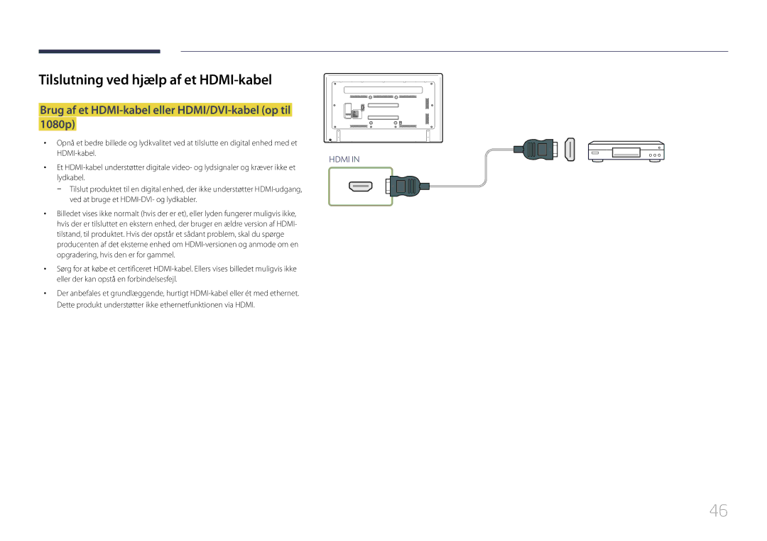 Samsung LH65EDCPLBC/EN Tilslutning ved hjælp af et HDMI-kabel, Brug af et HDMI-kabel eller HDMI/DVI-kabel op til 1080p 