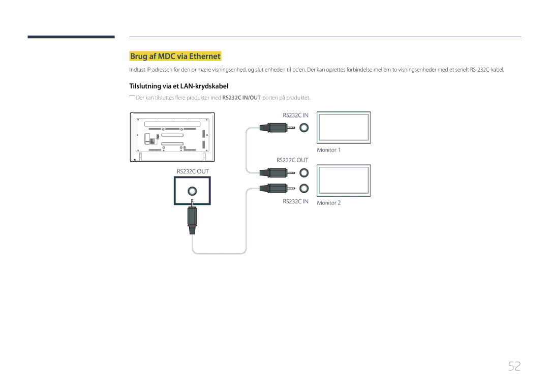 Samsung LH65EDCPLBC/EN, LH75EDCPLBC/EN, LH65EDCPRBC/EN manual Brug af MDC via Ethernet, Tilslutning via et LAN-krydskabel 