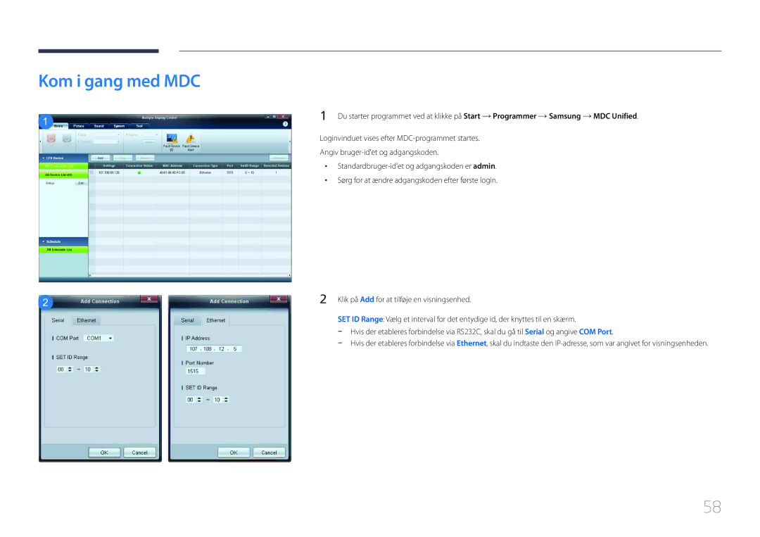 Samsung LH65EDCPLBC/EN, LH75EDCPLBC/EN, LH65EDCPRBC/EN manual Kom i gang med MDC 